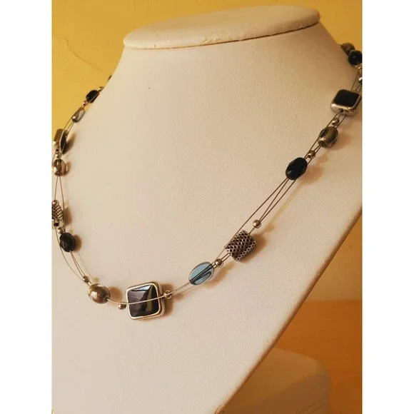 Lia Sophia Multi Strand Tiered Beaded Necklace Black Silver Blue Tone - Picture 5 of 7